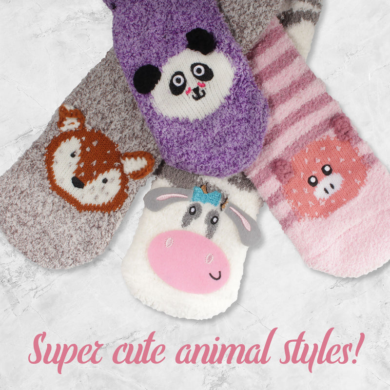 Fuzzy Cozy Microfiber Animal Socks - 6 Pairs Assortments