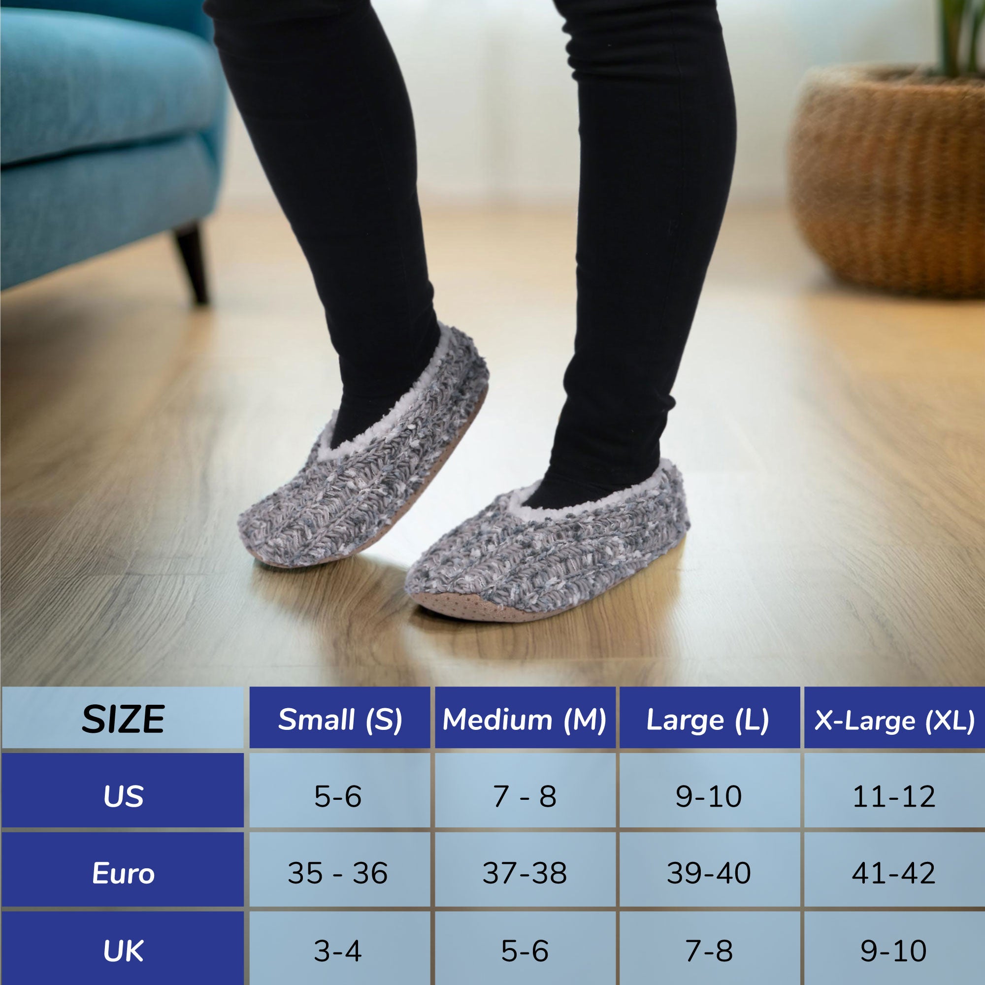 grey cozy womens slippers size chart