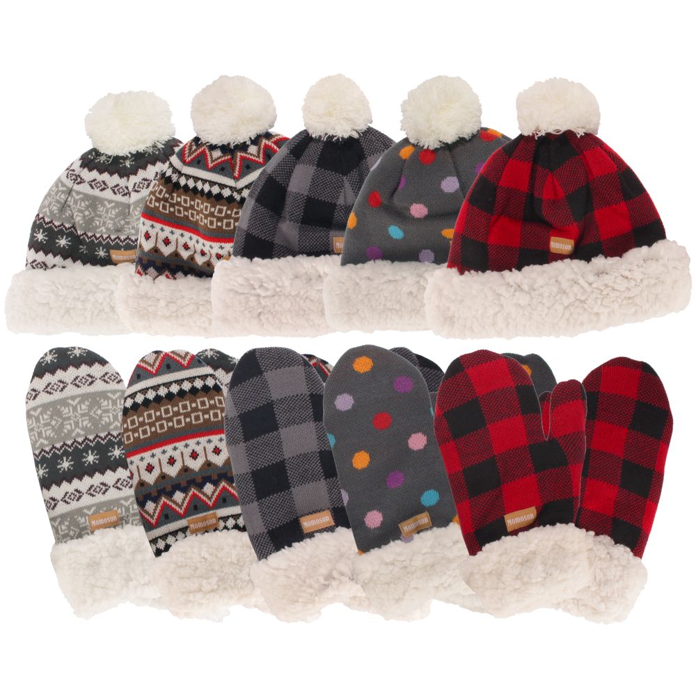 Women's Classic Winter Fleeced Pom Pom Hat and Mittens Set