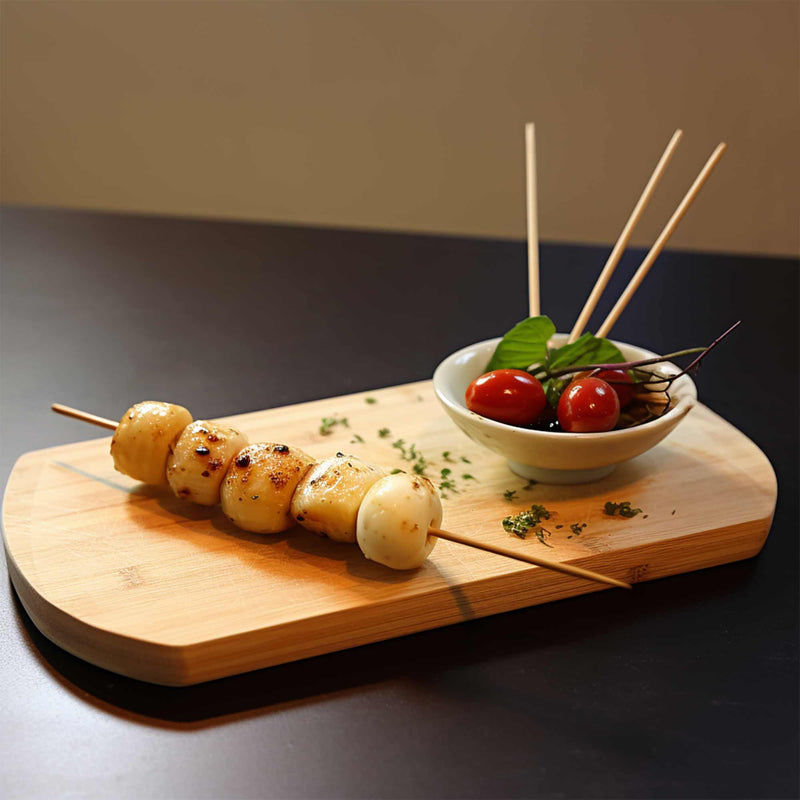 bamboo sharp point 3mm skewers kebabs tomatoes cheese olive oil seasoning cutting board