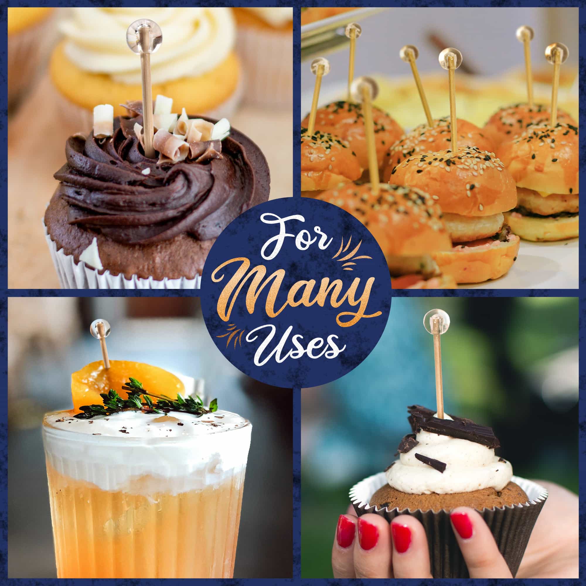 clear ball plastic picks for many uses wee burgers cupcake peach drink garnish chocolate frosting
