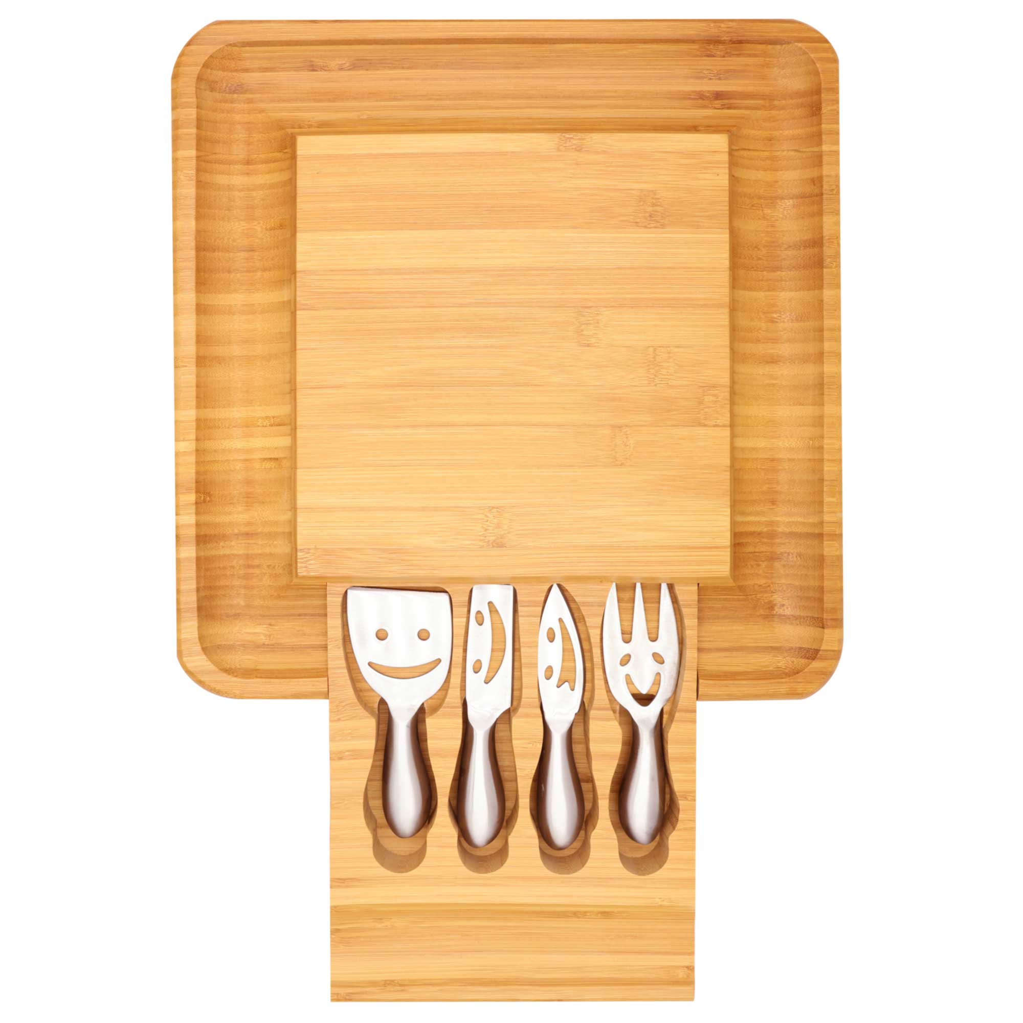 Charcuterie board with utensils top down view showing flat surface in the middle and space for crackers
