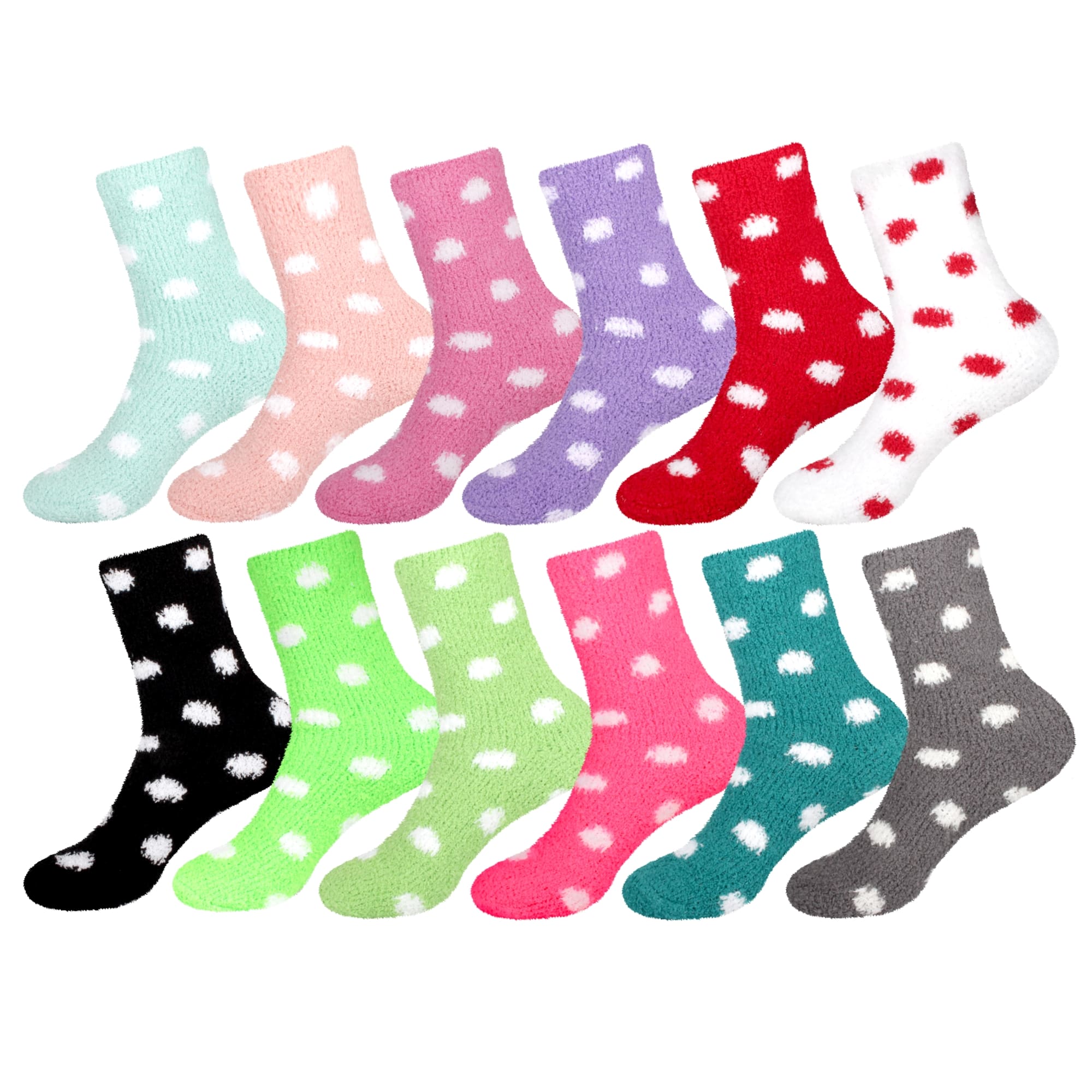 Women's Fuzzy Polka Dots Socks: 12 Pairs