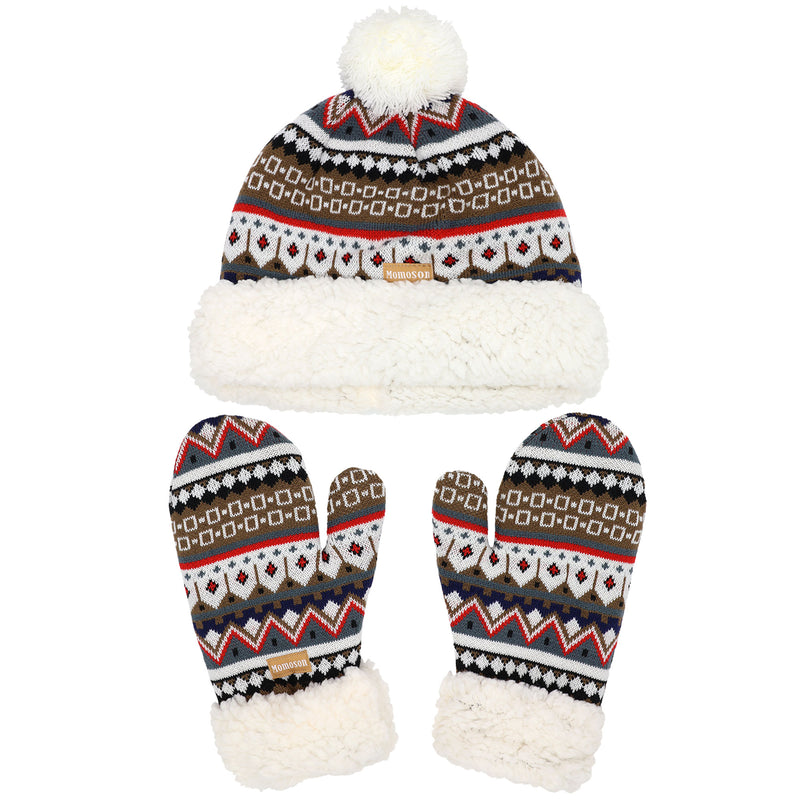 Women's Classic Winter Fleeced Thermal Pom Pom Beanie Hat and Mittens Set