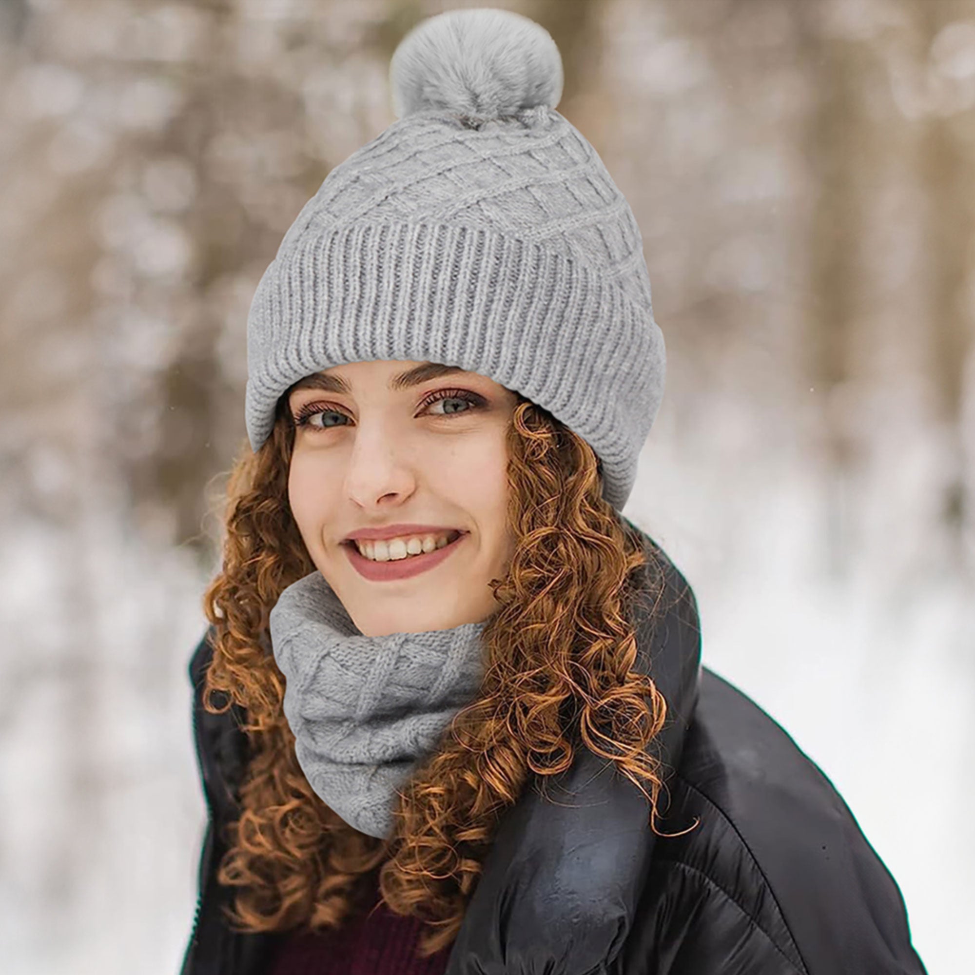 Unisex Winter Pom Pom Hat, Infinity Scarf and Glove Set