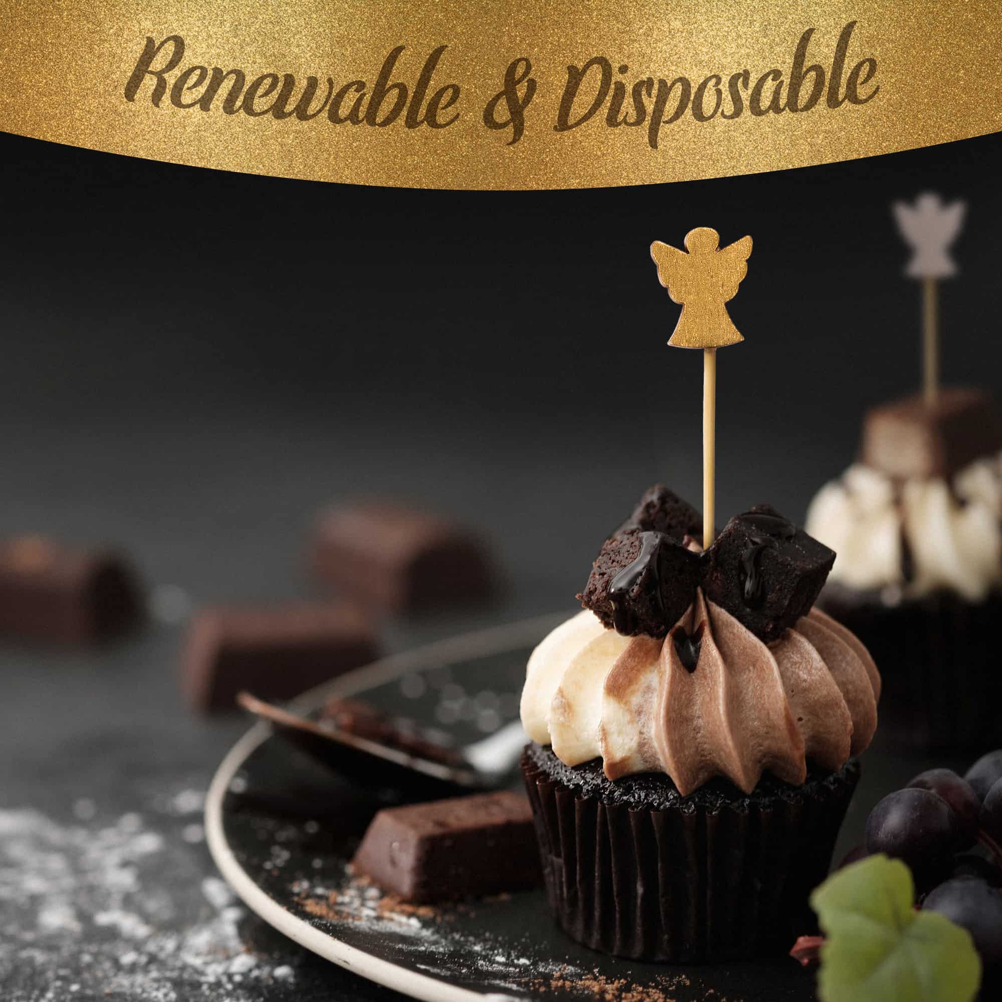 holiday angel picks gold silver dessert chocolate cupcake fudge frosting powdered sugar renewable disposable
