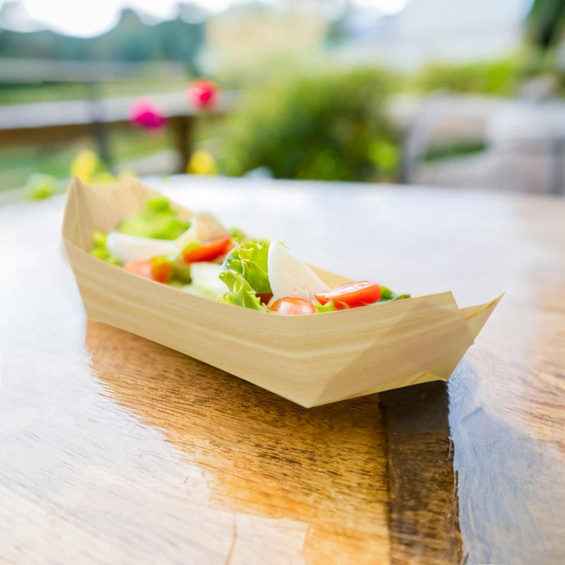pine wood boat disposable garden salad tomatoes lettuce outdoor