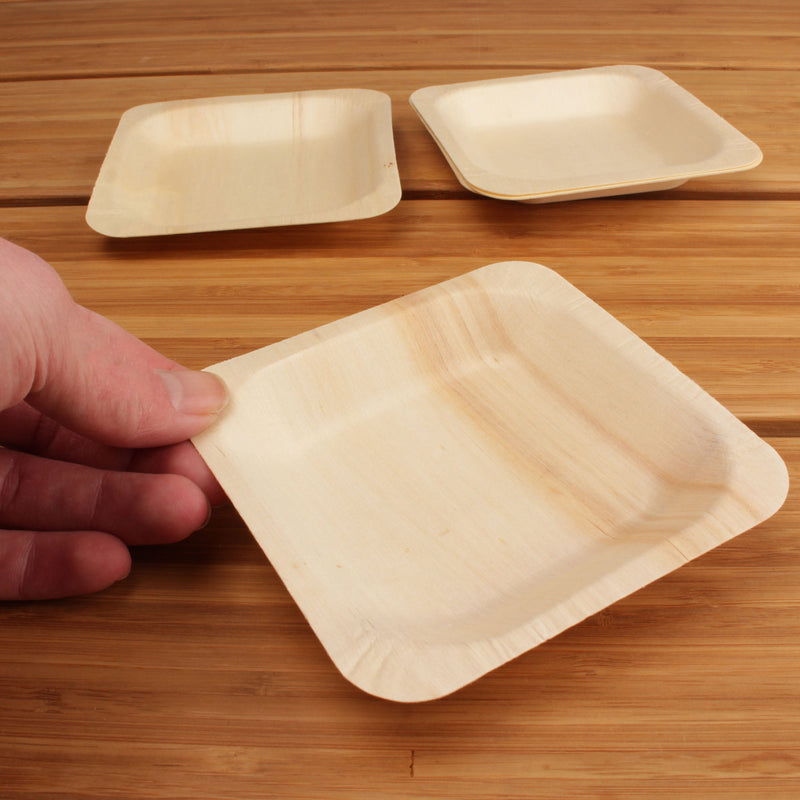 pine wood square plates food appetizer wood background 4.5" inch