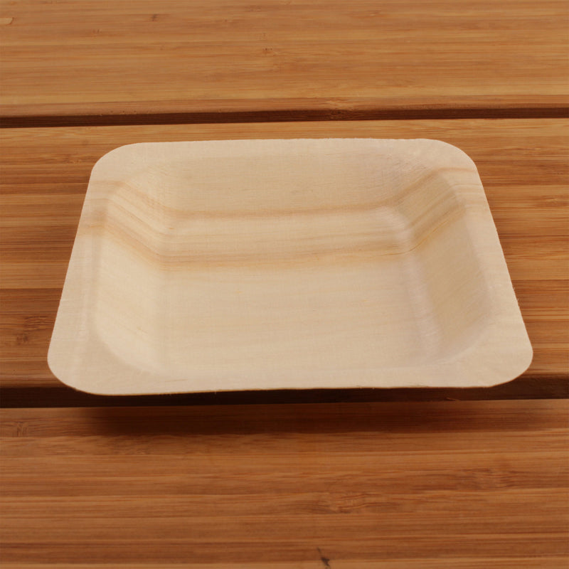 pine wood square plate food appetizer wood background 4.5" inch