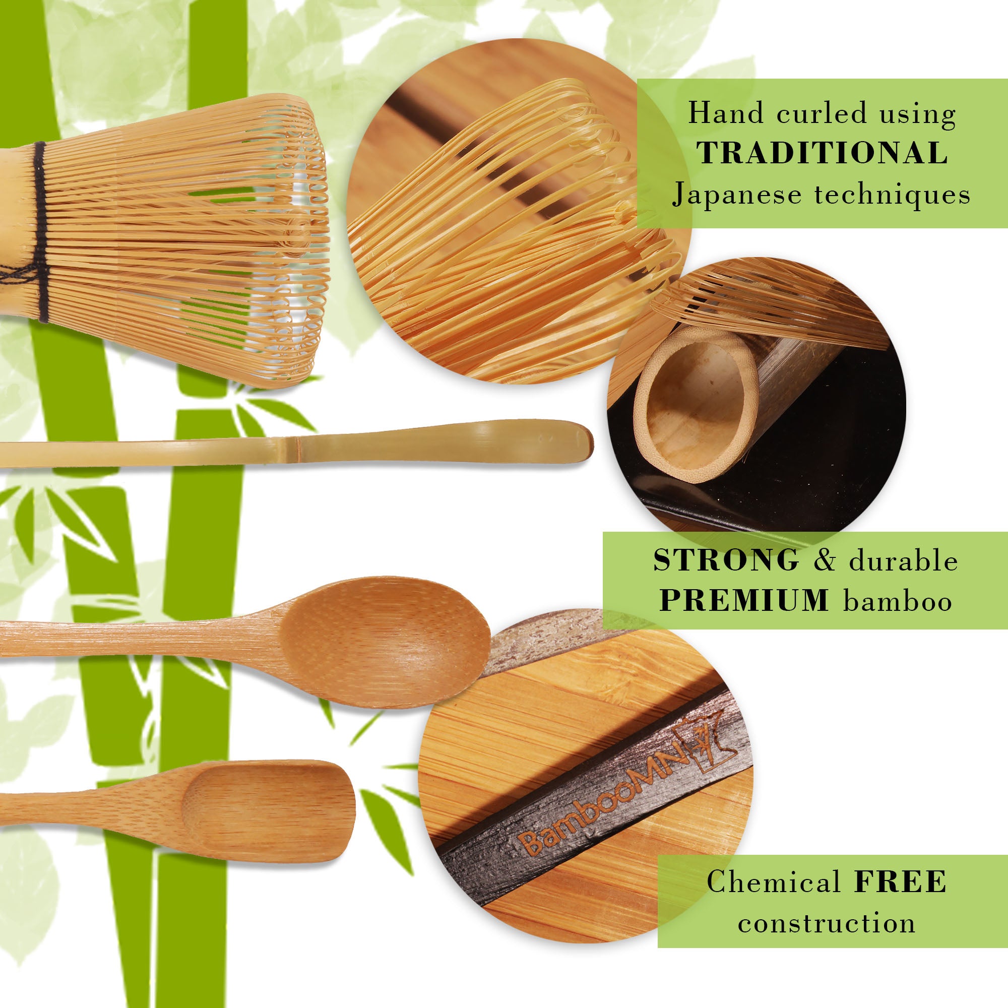 Matcha Green Tea Whisk Set - Whisk + Scoop + Tea Spoon + Whisk Holder