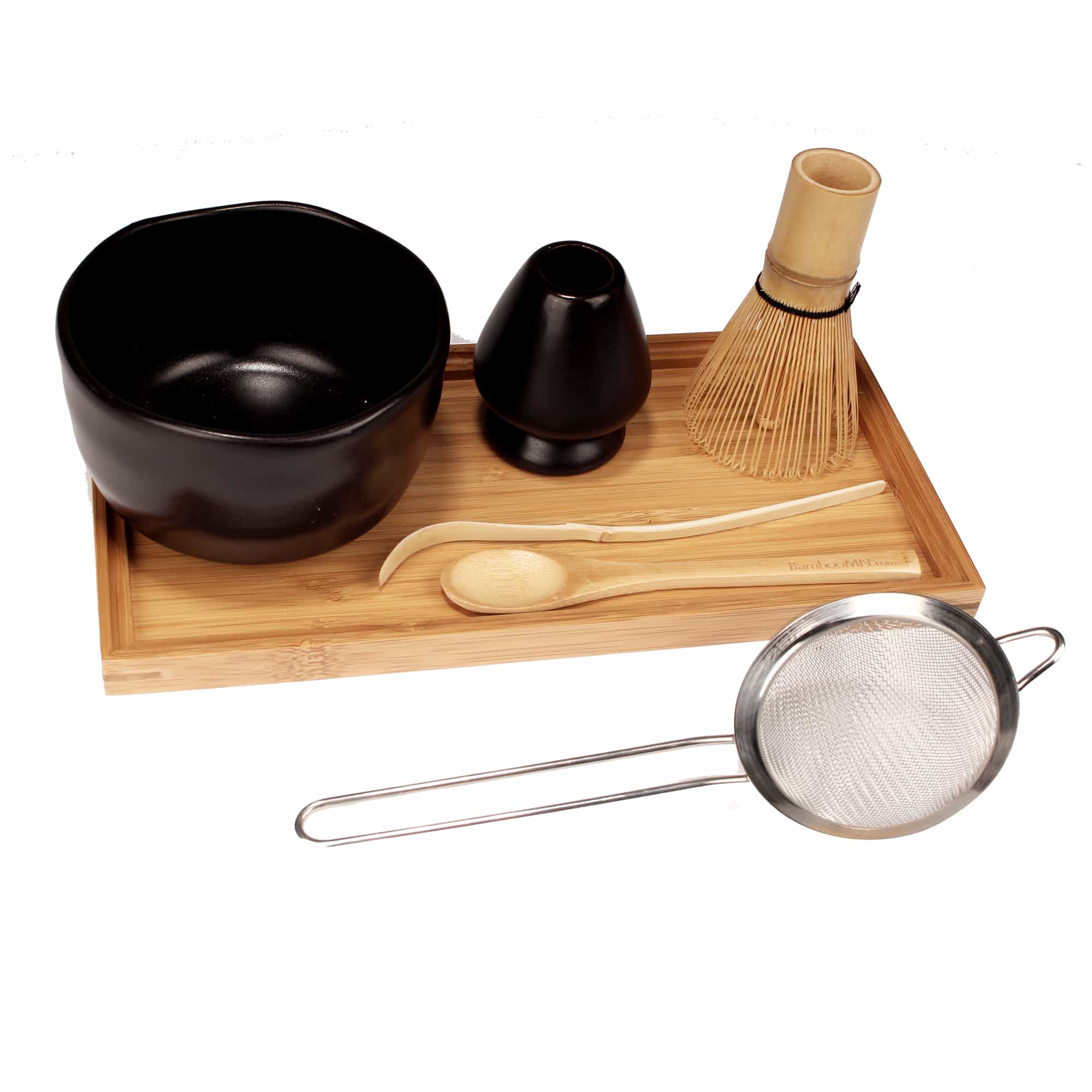 BambooMN Brand - 1 Set - Golden Chasen (Tea Whisk) + Chashaku (Hooked Bamboo Scoop) for Preparing Matcha + Tea Spoon