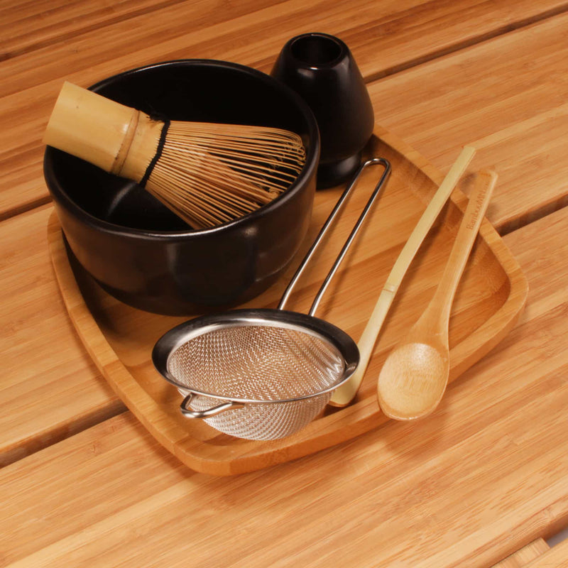 matcha kit with square bamboo tray and strainer