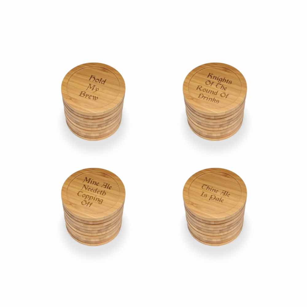 Dark Ale Phrases Round Custom Engraved Bamboo Coaster Set