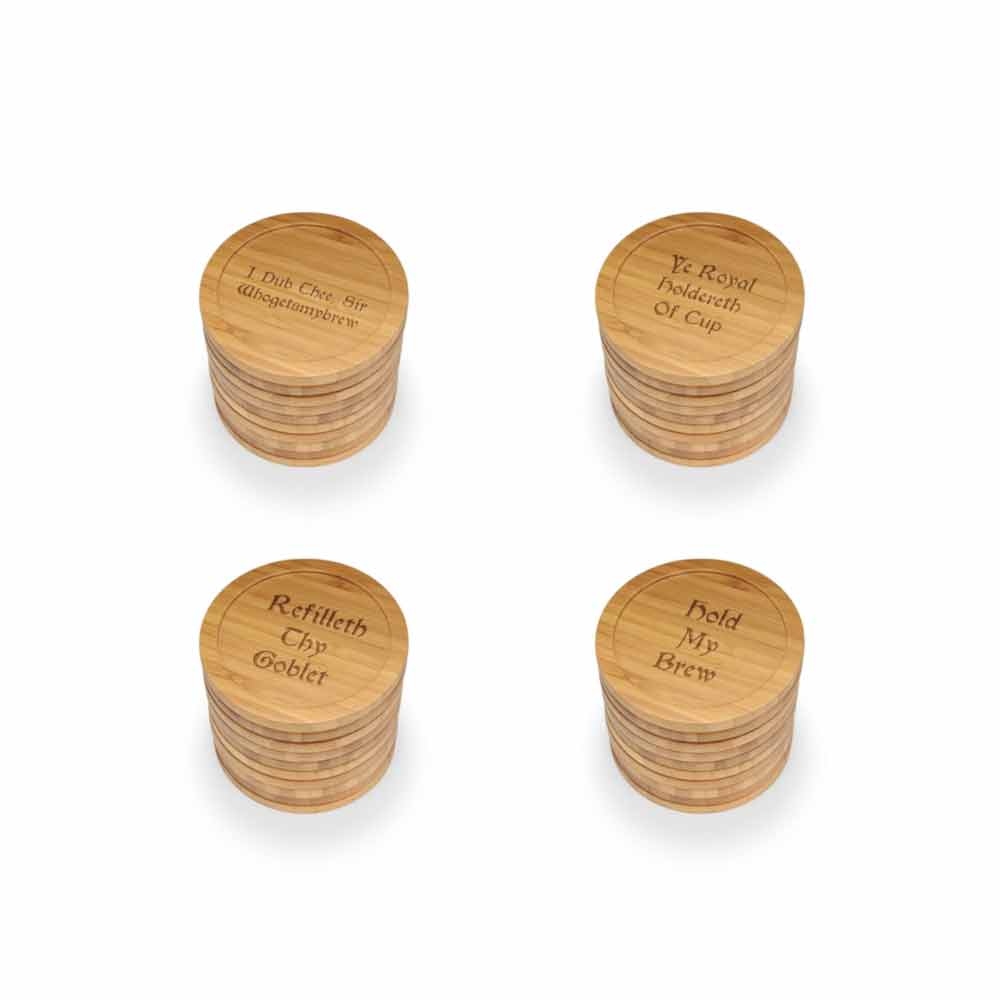 Dark Ale Phrases Round Custom Engraved Bamboo Coaster Set
