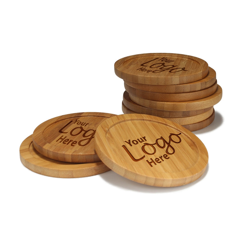 Custom Company Business Logo Engraved Bamboo Wooden Round Coasters