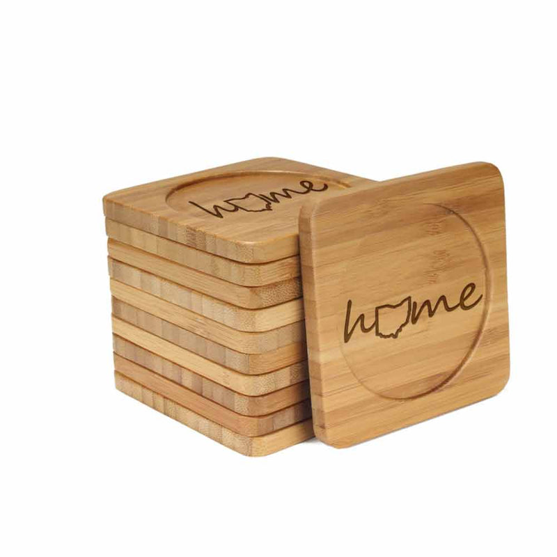 Home with State Style 1 Square Custom Engraved Bamboo Coaster Set