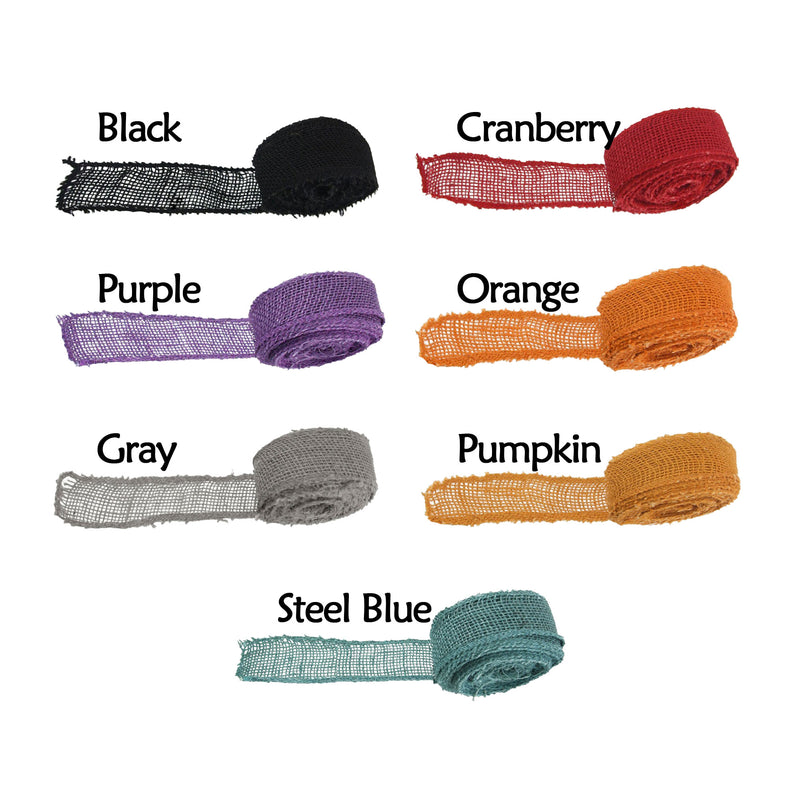 1.5 inch wide 10 yards long burlap ribbon colors black, cranberry, purple, orange, pumpkin, grey and steel blue
