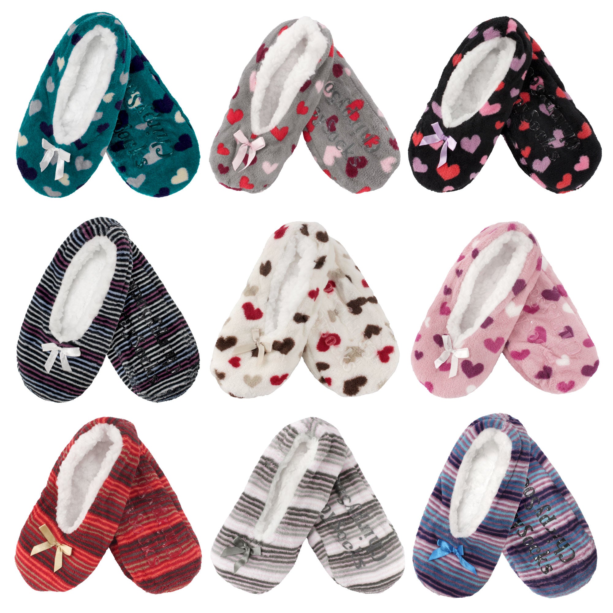 Women's Hearts Stripes Slippers Non-Slip Lined Socks: 1 & 2 Pairs