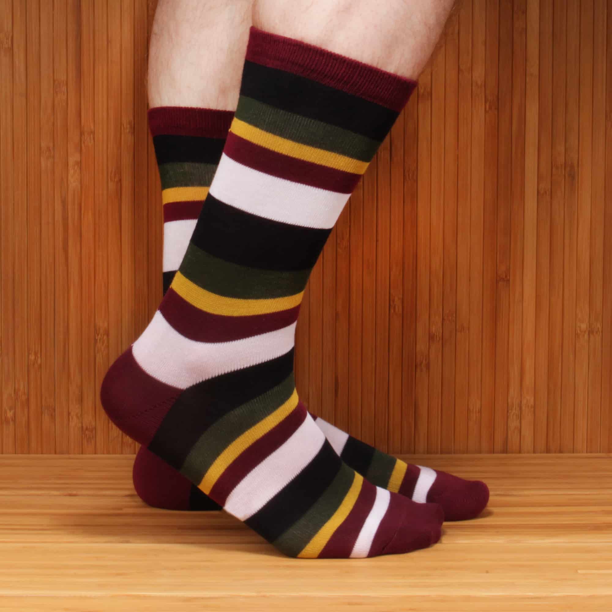 men's maroon yellow white green and black bamboo striped crew socks 6 pairs