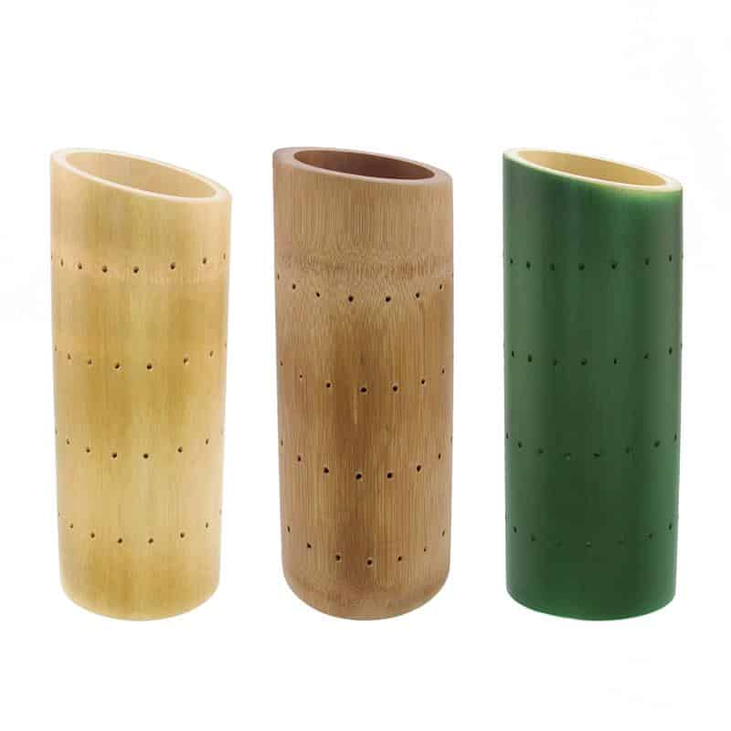 All natural organic bamboo tube skewer stand available in three colors. Carbonized brown, green, and natural bamboo