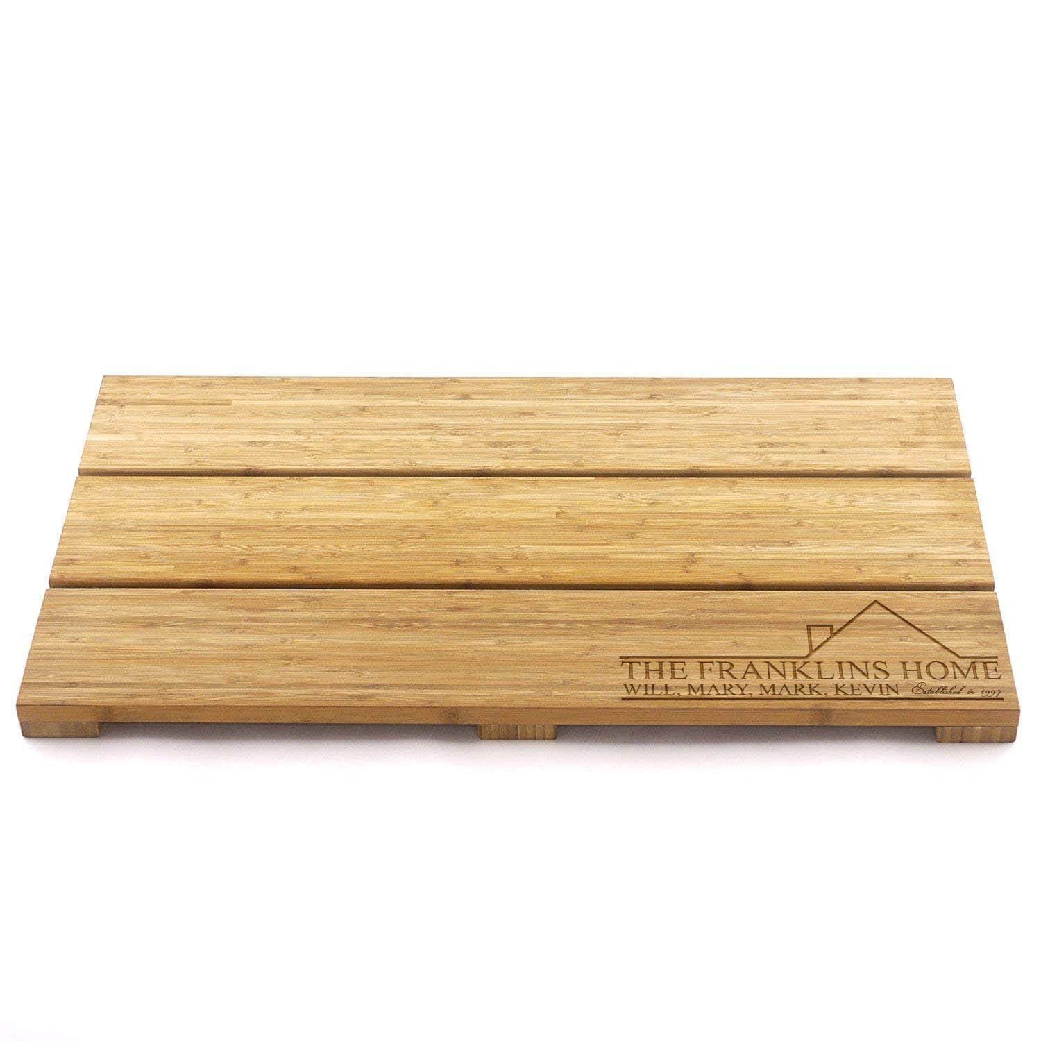 Custom Engraved Raised Bamboo Bath Mat: Names in House Outline