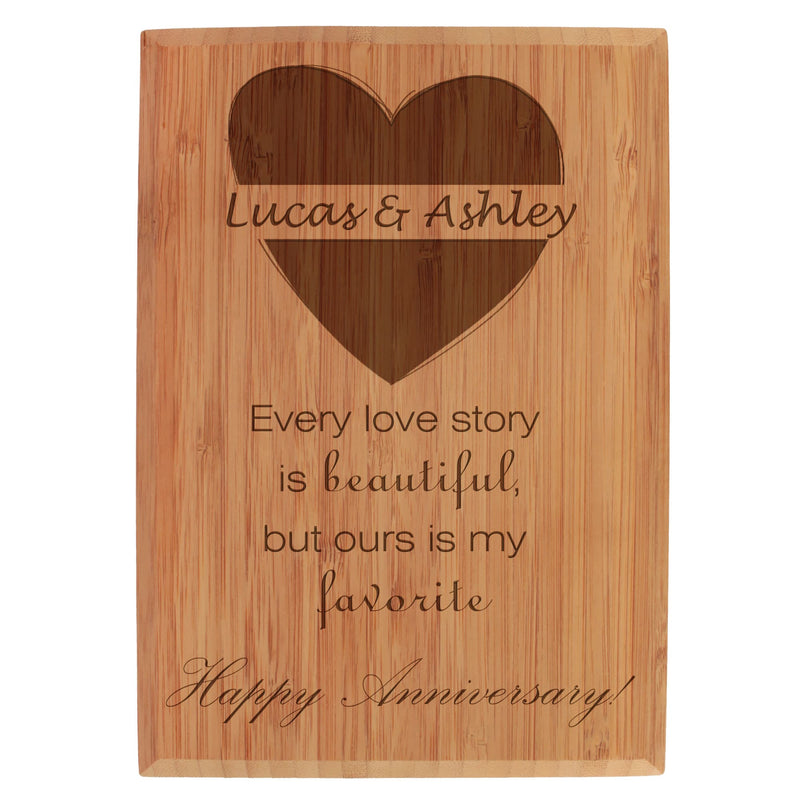 custom engraved bamboo anniversary plaque heart vertical