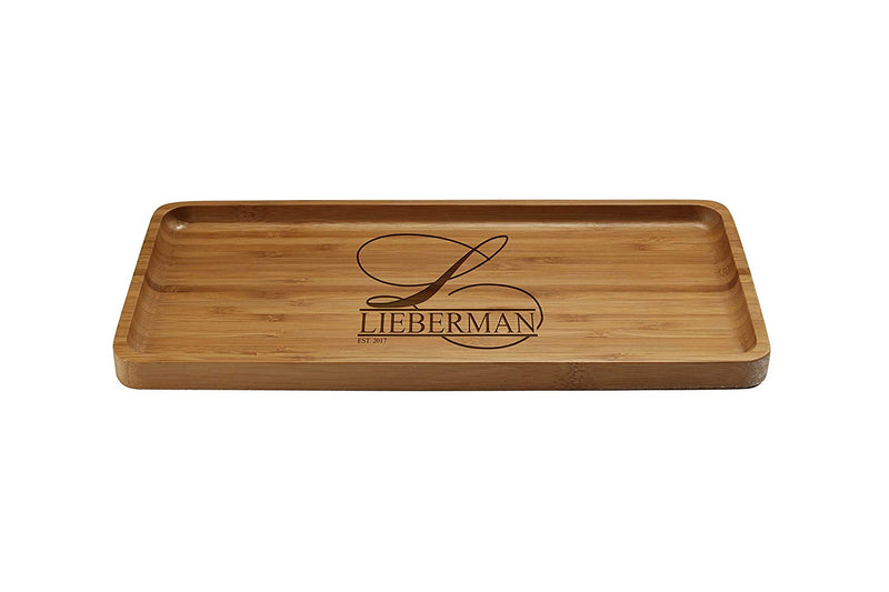 Engraved Serving Tray Family Name w/ Script Letter 11" x 5.5" x 0.6" Rounded Edges