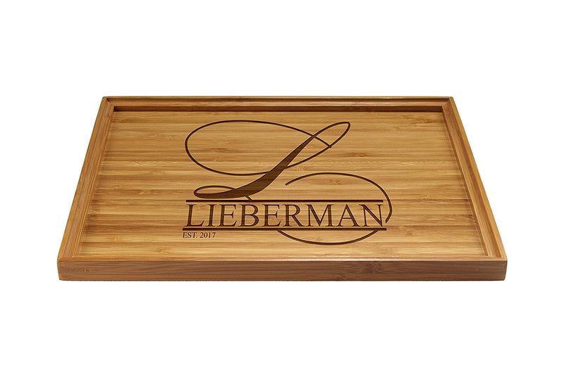 Engraved Serving Tray Family Name w/ Script Letter 11" x 8.9" x 0.6" Square Edges