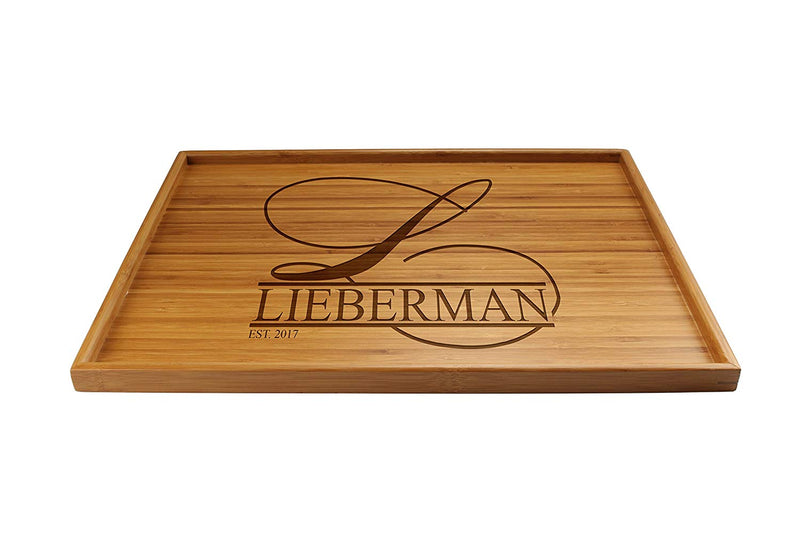 Engraved Serving Tray Family Name w/ Script Letter 17" x 13" x 0.75" Square Edges