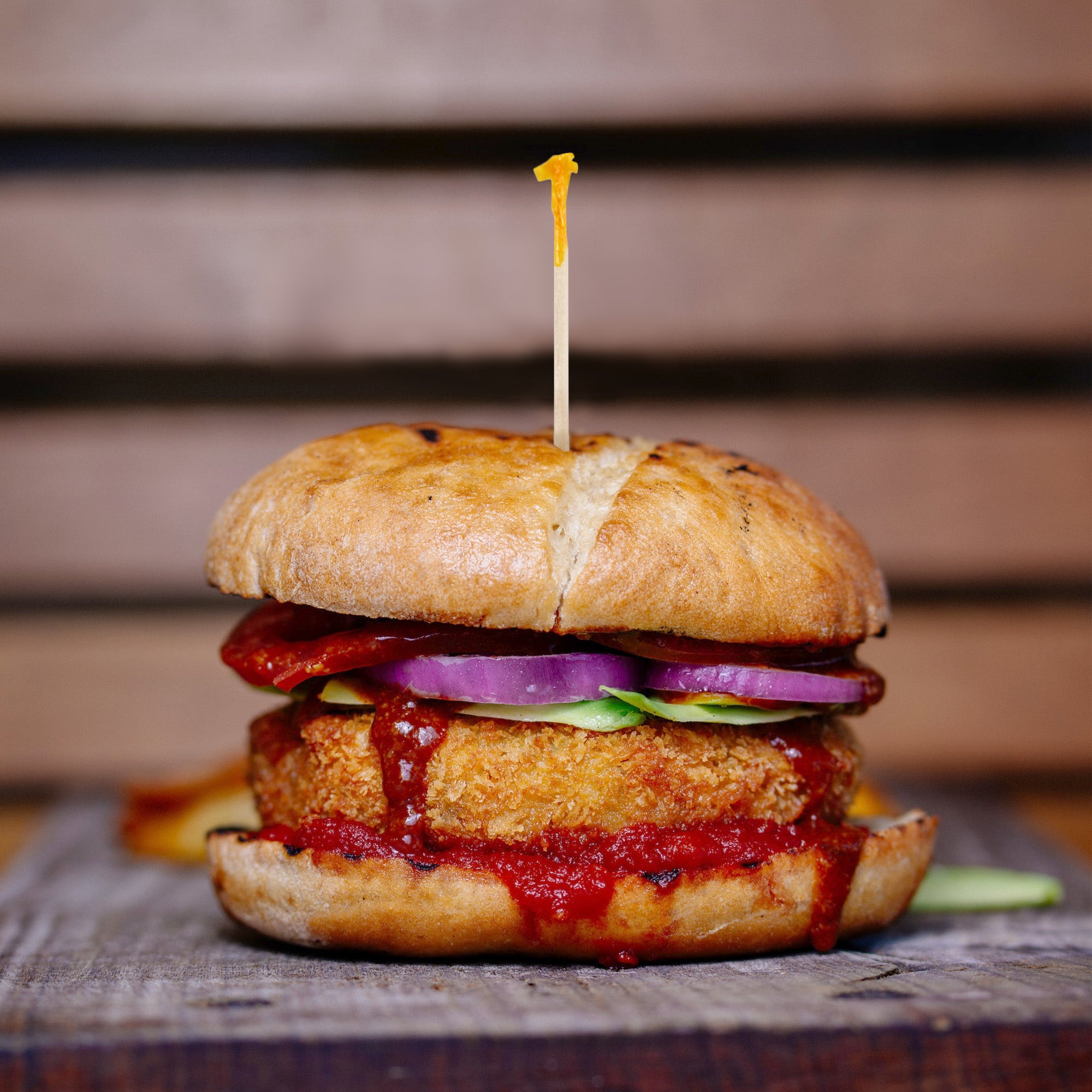 A pick skewed in burger