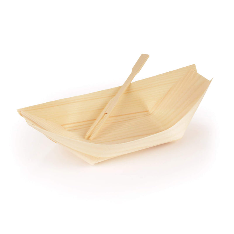 wood food boat tray with serving fork