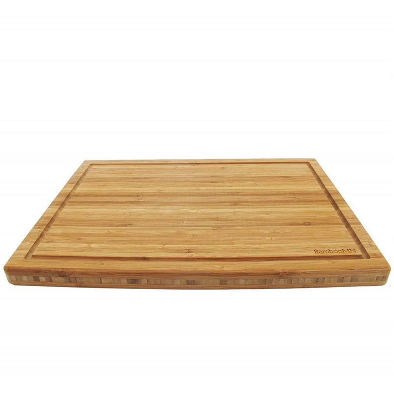 grooved bamboo cutting board with logo front view