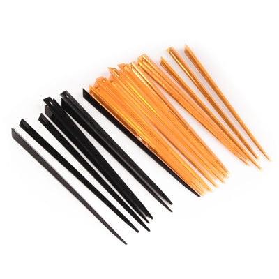 each package contains orange and black colored plastic prism food picks