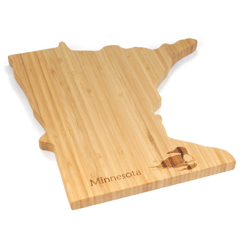Minnesota with Loon Engraved silhouette cutting and serving board  angle view