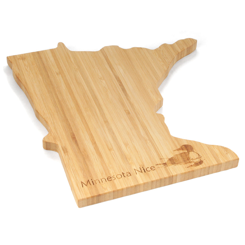 Minnesota Nice with Loon Engraved Silhouette cutting and serving board angle view