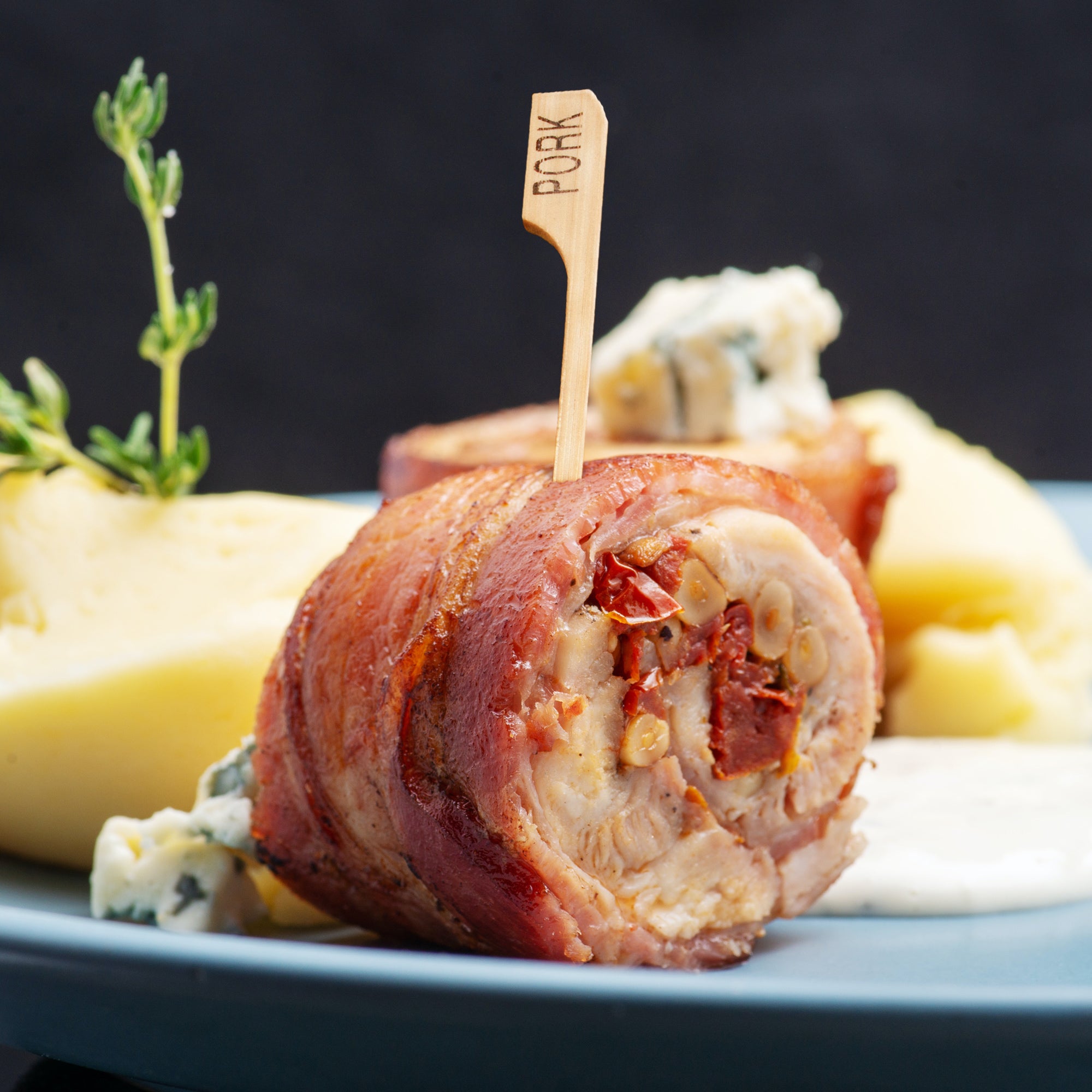 pork label bamboo paddle picks appetizer food plate
