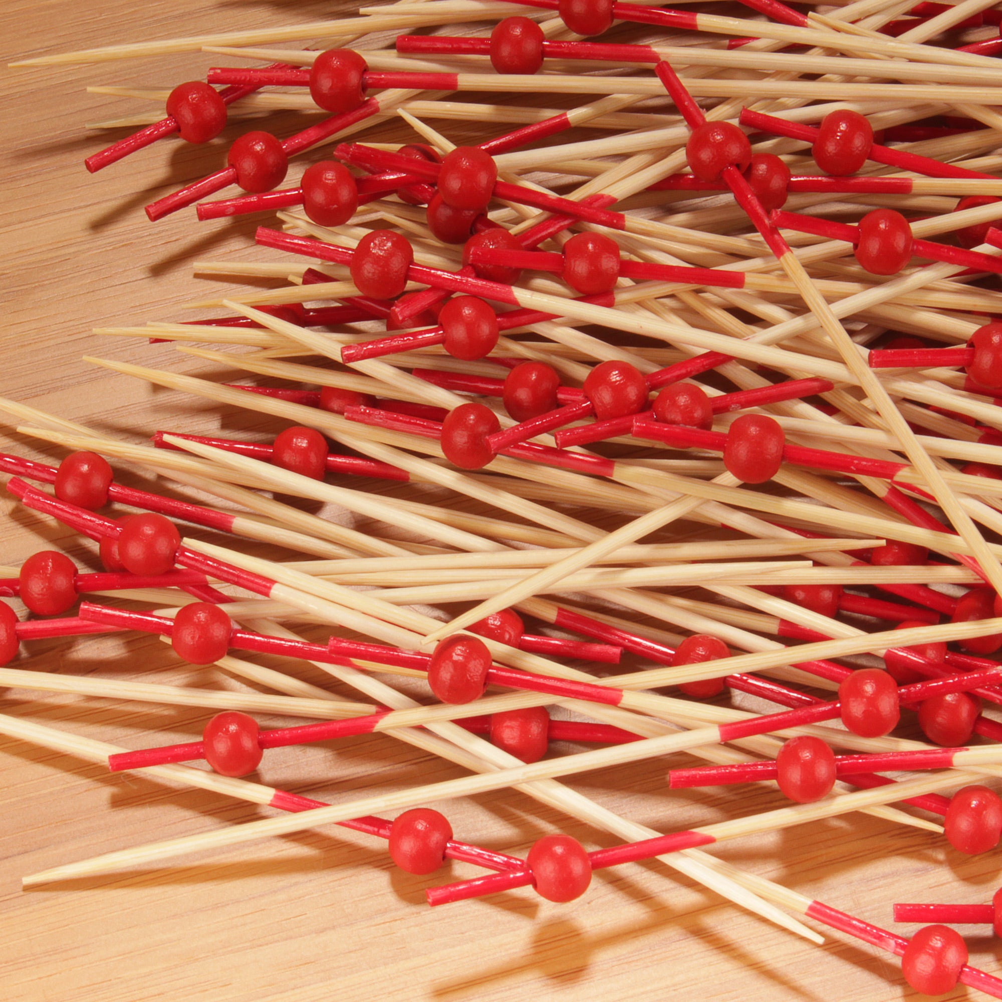red dipped bamboo ball picks closeup