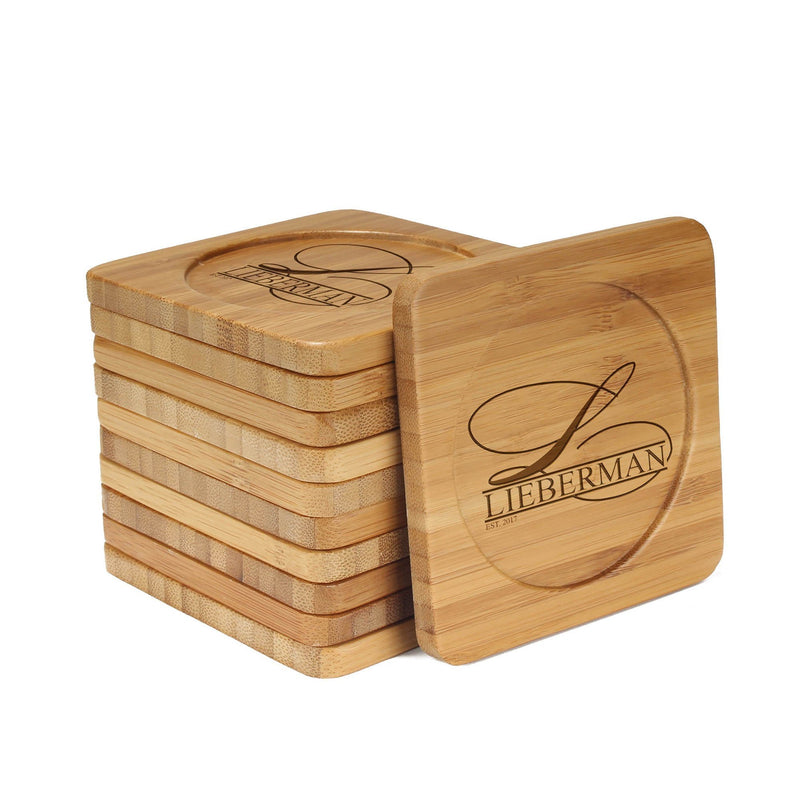 Engraved Bamboo Coaster Set - Square - Family Name Simple Letter - (10 Coasters/Set)