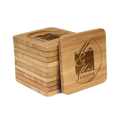Engraved Bamboo Coaster Set - Square - Mr and Mrs Square - (10 Coasters/Set)