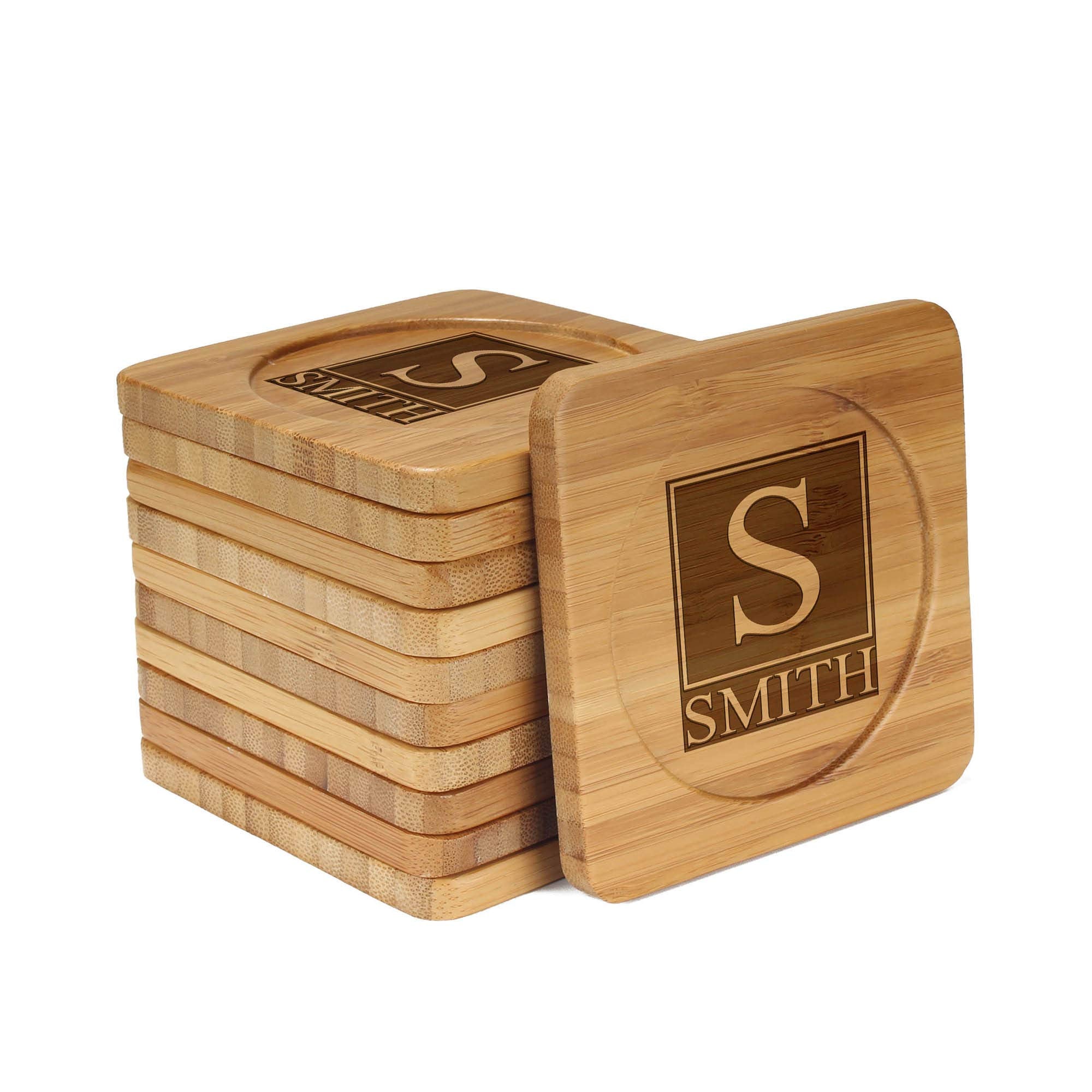 Engraved Bamboo Coaster Set - Square - Square Monogram Inverted - (10 Coasters/Set)