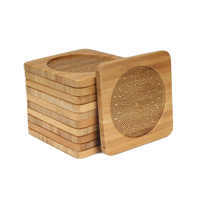 Engraved Bamboo Coaster Set - Square - Maze - (10 Coasters/Set)