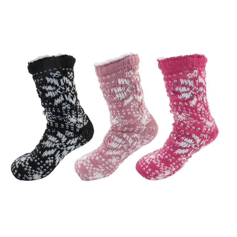 Extra Thick Fuzzy Thermal Fleece-lined Knitted Non-Skid Crew Socks - 3 Pair