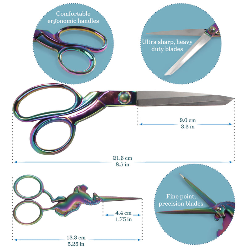 Two Piece Unicorn and Heavy Duty Shear Sewing Set with Measuring Tape Dimesions