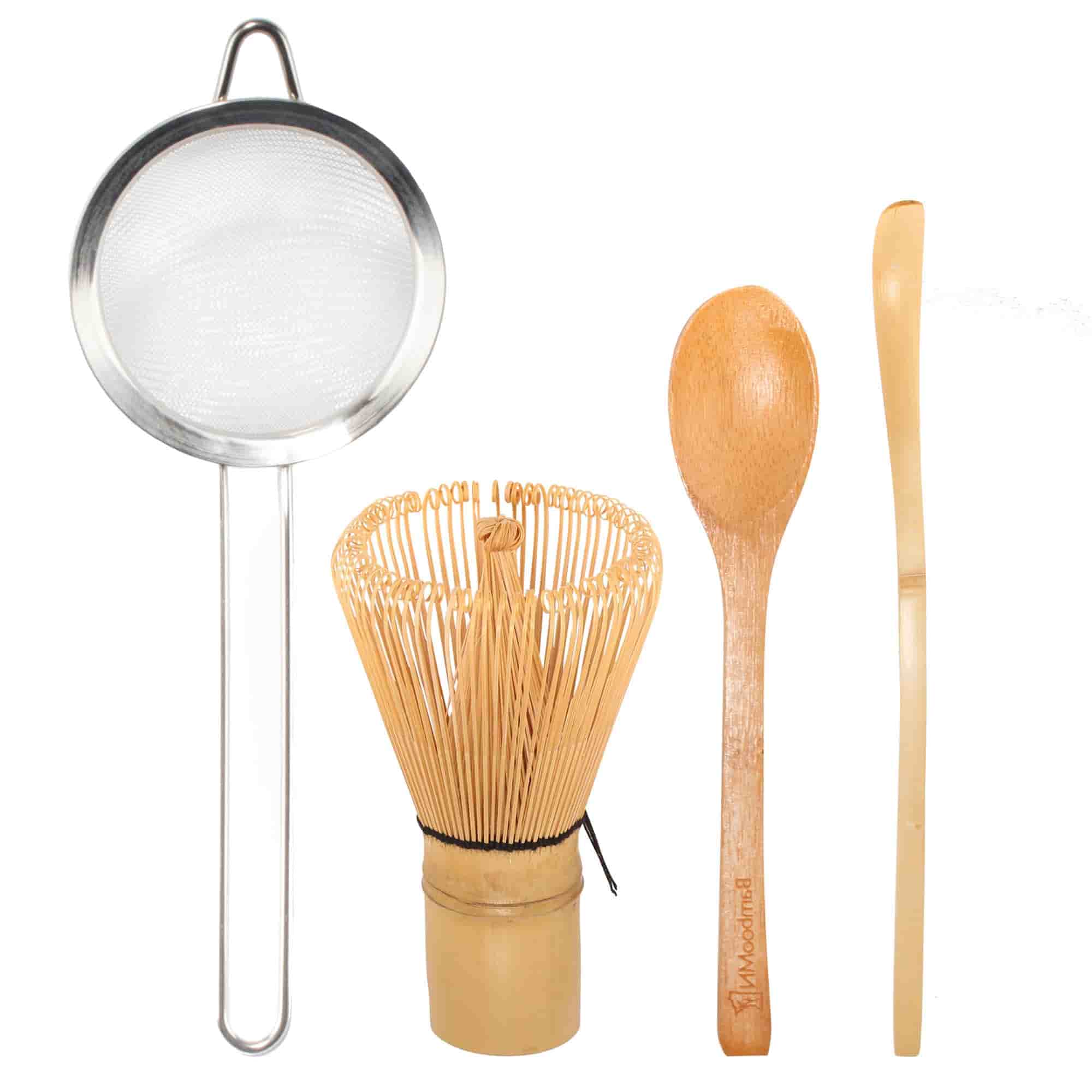 BambooMN Brand - 1 Set - Golden Chasen (Tea Whisk) + Chashaku (Hooked Bamboo Scoop) for Preparing Matcha + Tea Spoon