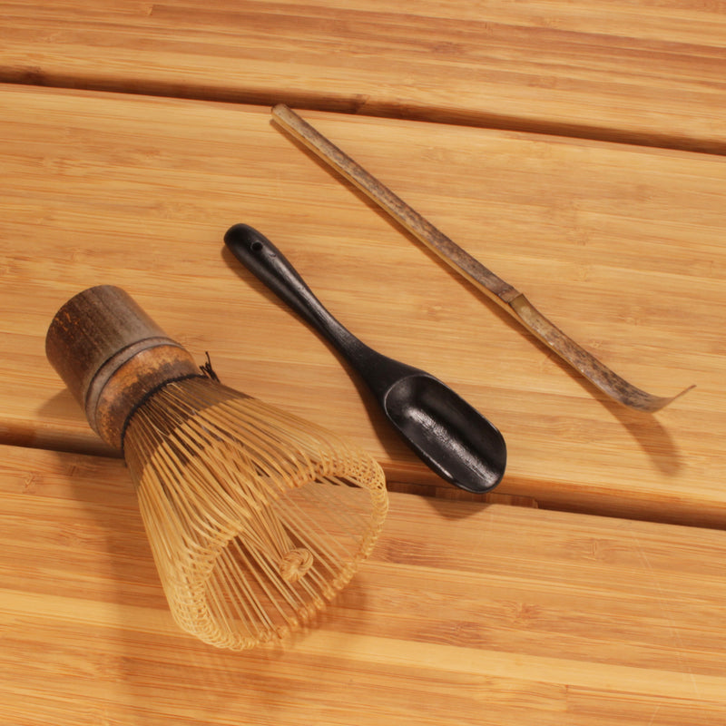 Black Chasen (Tea Whisk) +Black Tray + Black Chashaku (Hooked Bamboo Scoop) for preparing Matcha + Black Tea Spoon