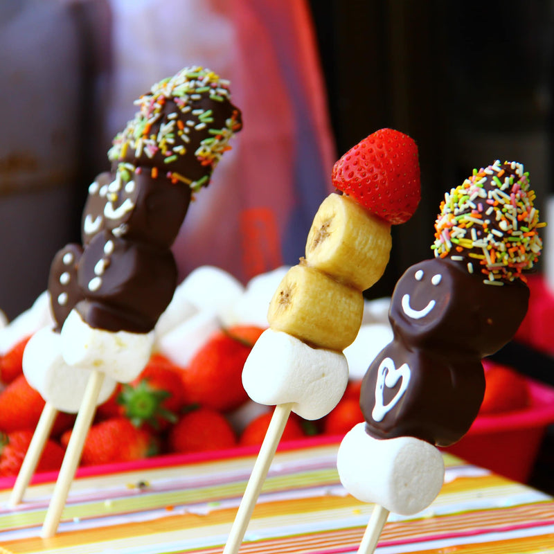 bamboo skewer kebab dessert chocolate banana strawberry marshmallow sprinkles smiley face cater event