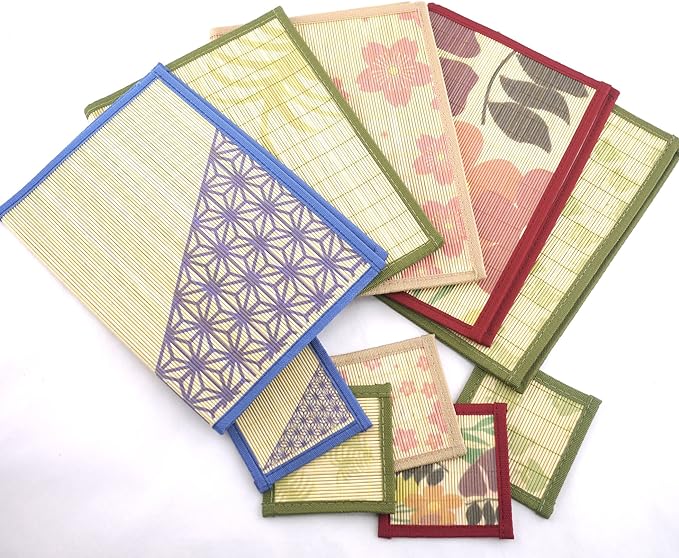 Bamboo Patterned Placemats with Fabric Border and Matching Coasters