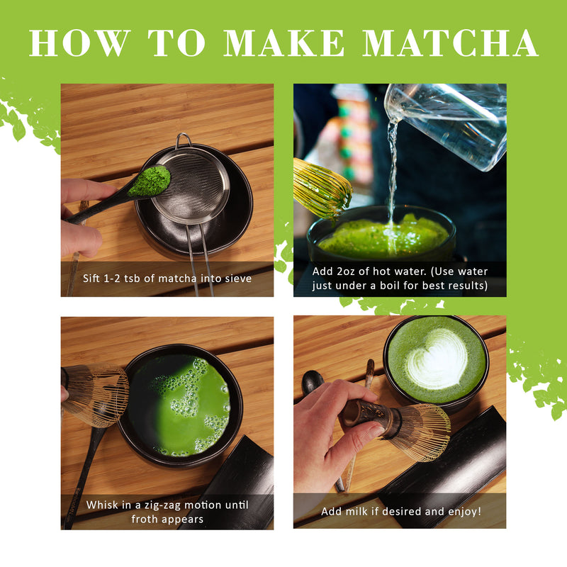 Japanese Ceremonial Matcha Green Tea Whisk Set - Golden Chasen Whisk, Chashaku, Tea Spoon, Black Bowl, Black Rest, Strainer, Tea Tray