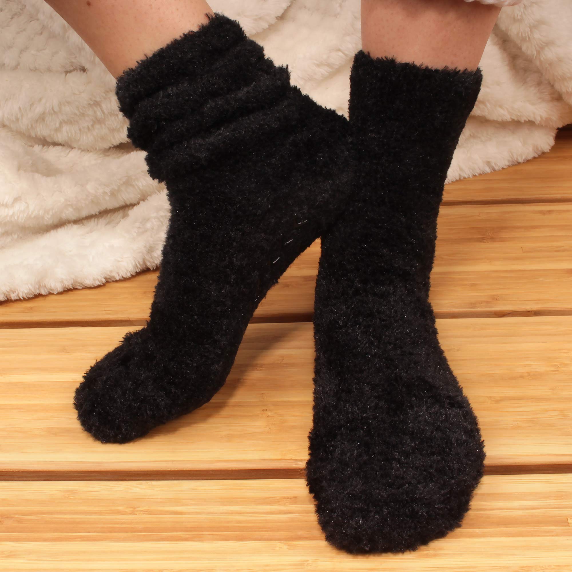 Black Fuzzy Featherlight Socks with Grips. 