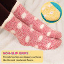 fuzzy polka dot socks with non slip grips on the bottom to provide traction